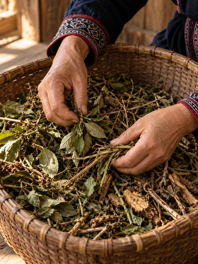 Ảnh minh họa đôi tay chọn lá và rễ thảo dược trong giỏ tre